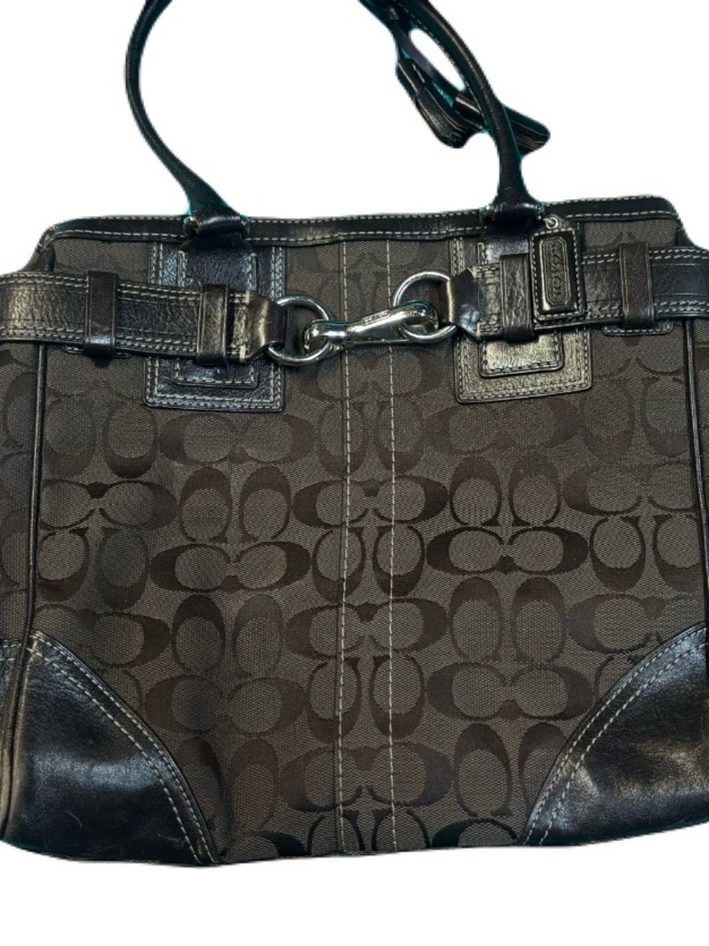 Coach Signature Jacquard Shoulder Bag in Dark Brown and Black